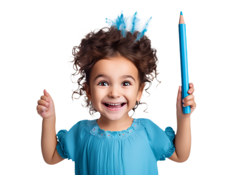 A cute little girl in blue dress with blue pencil in hand isolated on transparent background.