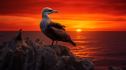 heron on sunset, Silhouetted against the fiery sunset, a solitary Northern gannet perches on a rocky ledge. Its beak points seaward, as if whispering secrets to the horizon. - obrazy, fototapety, plakaty