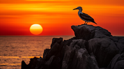 silhouette of a bird, Silhouetted against the fiery sunset, a solitary Northern gannet perches on a rocky ledge. Its beak points seaward, as if whispering secrets to the horizon. - obrazy, fototapety, plakaty