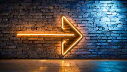 Arrow neon on old brick wall. Realistic shining signboard. Glowing arrow pointer. Retro signboard.