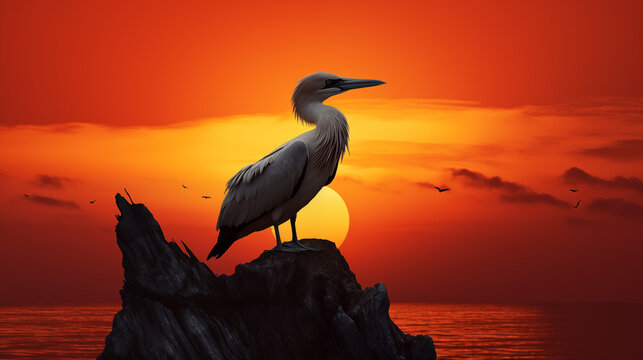 heron at sunset, Silhouetted against the fiery sunset, a solitary Northern gannet perches on a rocky ledge. Its beak points seaward, as if whispering secrets to the horizon.