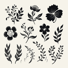 Classic black silhouette floral illustrations set