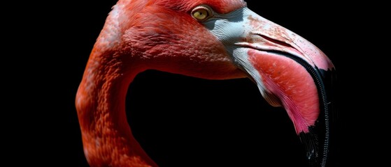 A close-up of a flamingo's head, beak open, and eyes wide on a black background