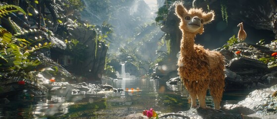  An image of a lama perched on a rock amidst a flowing stream, with a majestic waterfall in the backdrop and vibrant flowers adorning the foreground - obrazy, fototapety, plakaty