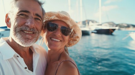 Caucasian couple enjoying a serene yacht getaway, concept of romance and luxury at sea - obrazy, fototapety, plakaty