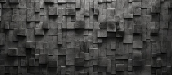 A monochrome image featuring a wall constructed with blocks of wood, creating a textured and unique...