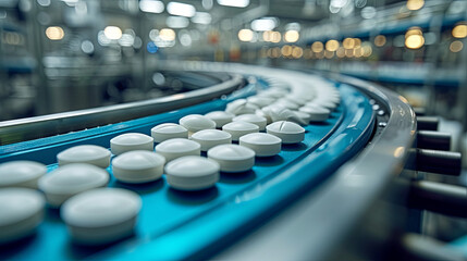 Production white pills on the factory, farmaceutical industry