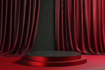 Stage podium background red light spotlight curtain theater show platform. Stage 3D background...