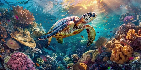 Tropic underwater scene with a sea turtle