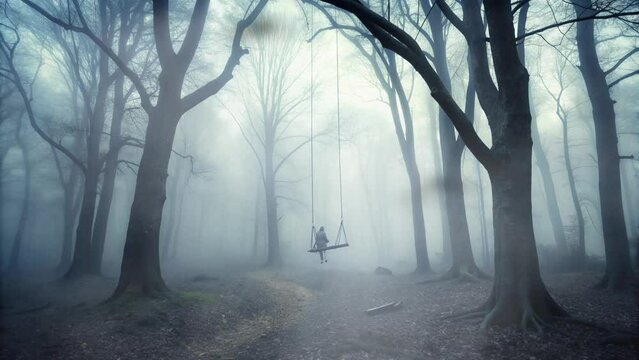 someone in the middle of the forest riding a swing and lots of smoke