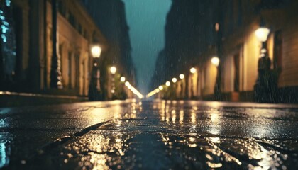 cinematic city street at night after rain 