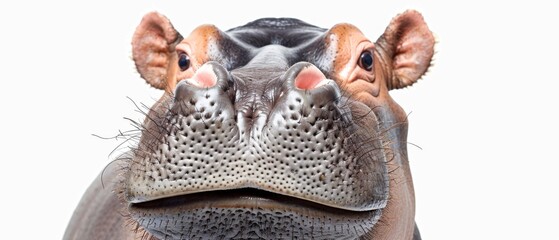  A hippo's face, mouth wide open on a white background