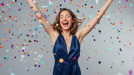 A jubilant woman raises her arms amidst a shower of confetti. - obrazy, fototapety, plakaty