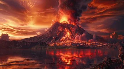Plexiglas foto achterwand Majestic volcano eruption at sunset scene - A fiery volcano erupts, spewing lava under a dramatic sunset sky, creating a powerful and awe-inspiring natural phenomenon © Mickey