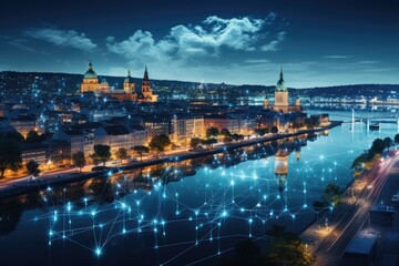 Obraz premium Modern city by the river, with pollution sensors at night., generative IA