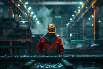 A worker in a steel mill highlighting safety concerns roles responsibilities production process and union representation. Concept Steel Manufacturing, Worker Safety, Production Processes - obrazy, fototapety, plakaty