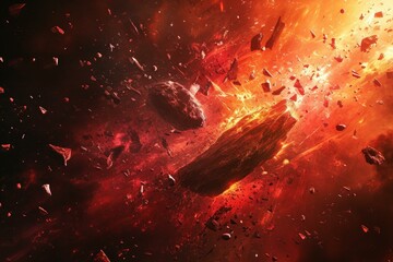 Fiery Asteroid red cinematic explosion. Globe astronomy. Generate AI - obrazy, fototapety, plakaty