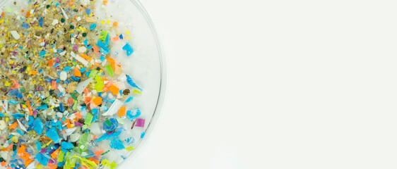 Macro shot of microplastics composition inside a lab petri dish. Concept of plastic pollution with...