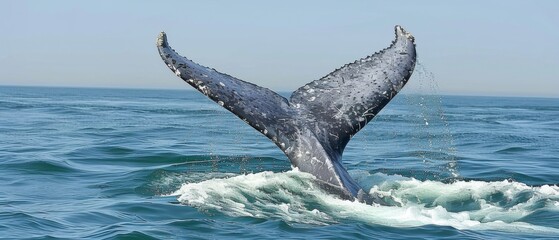 Fototapeta premium A humpback whale tail surfaced out of the sea near a vessel