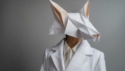  Japanese woman wearing white coat made from folded origami paper in shape of paper animal full body grey background