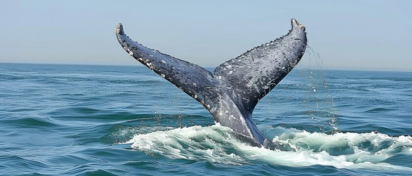  A humpback whale tail surfaced out of the sea near a vessel