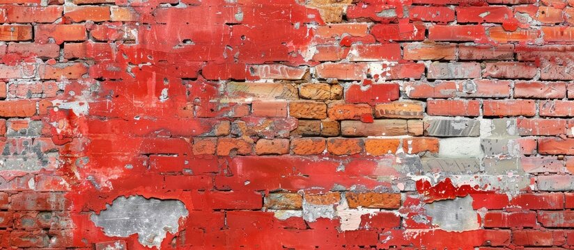 An image of a detailed view of a weathered red brick wall showing signs of peeling paint