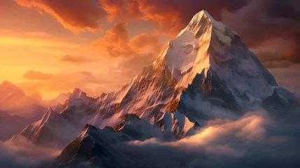 Foto auf Leinwand An awe-inspiring mountain peak rising above the clouds, its snow-capped summit glowing in the light of the setting sun, a sight that fills the soul with wonder and gratitude for the beauty of our worl © Graphica Galore