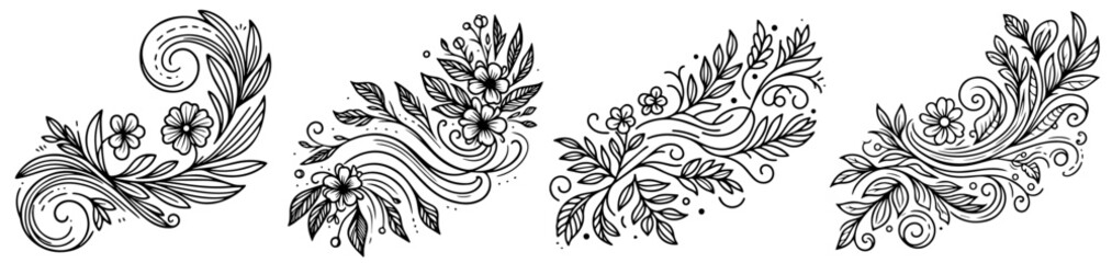 floral wreaths compositions made of leaves and flowers, floristic decorations, black vector laser cutting engraving