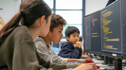 A mentor provides hands-on programming guidance to attentive young students, fostering early education in technology. AIG41 - obrazy, fototapety, plakaty