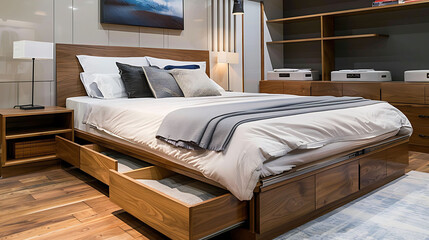 Modern bedroom with a platform bed design featuring pull-out drawers on one side and a lift-up storage compartment on the other