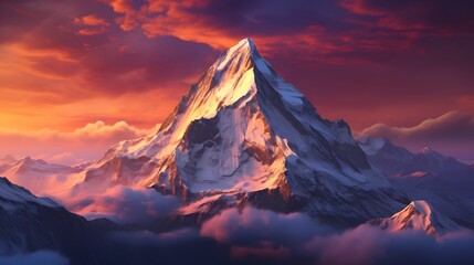 An awe-inspiring mountain peak rising above the clouds, its snow-capped summit glowing in the light of the setting sun, a sight that fills the soul with wonder and gratitude for the beauty of our worl - obrazy, fototapety, plakaty