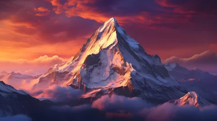 Foto op Aluminium An awe-inspiring mountain peak rising above the clouds, its snow-capped summit glowing in the light of the setting sun, a sight that fills the soul with wonder and gratitude for the beauty of our worl © Graphica Galore