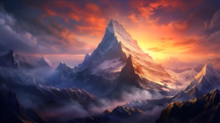 An awe-inspiring mountain peak piercing the sky, its snow-capped summit glowing in the light of the rising sun, a beacon of hope and inspiration for all who gaze upon it. - obrazy, fototapety, plakaty