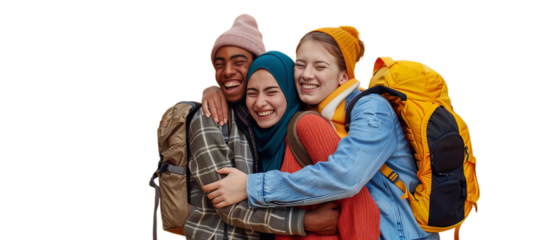 A hugging happy young students different nationalities.