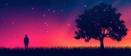 Obraz premium A figure standing near a tree against a pink-blue backdrop with starry skies