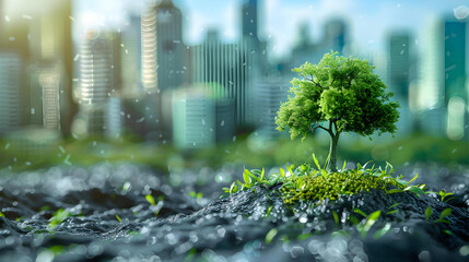 Ecology and environment concept with green plant growing out of soil. Mixed media - Powered by Adobe