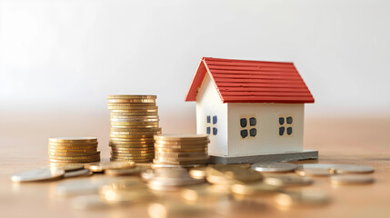 House model and coins on wooden table, real estate investment concept.