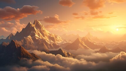 An imposing mountain peak rising majestically above the clouds, its sheer cliffs and rugged terrain illuminated by the golden light of sunset, a scene of unparalleled natural beauty.