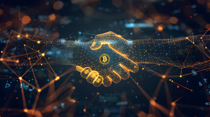 Blockchain technology concept. Handshake of two people.  - obrazy, fototapety, plakaty
