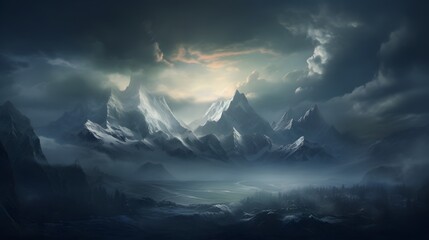 An imposing mountain range looming on the horizon, its peaks obscured by swirling clouds, creating...