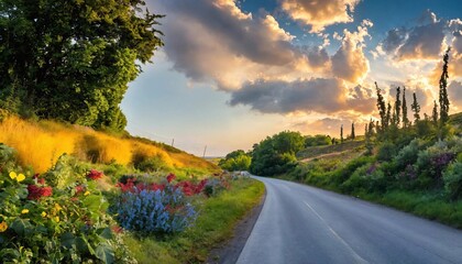 Obraz premium A Quiet and beautiful countryside roads with bright skies and diverse roadside plants generative ai art
