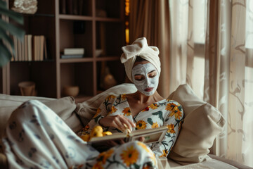 Serene Woman Enjoying a Book with Facial Mask in Cozy Home Setting