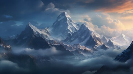 An imposing mountain range looming on the horizon, its peaks obscured by swirling clouds, creating an atmosphere of mystery and intrigue, inviting exploration and discovery. - Powered by Adobe