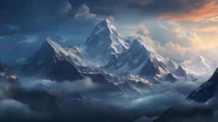 Poster An imposing mountain range looming on the horizon, its peaks obscured by swirling clouds, creating an atmosphere of mystery and intrigue, inviting exploration and discovery. © Graphica Galore