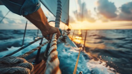 Closeup up of Yachtsman hands dealing with yacht ropes.