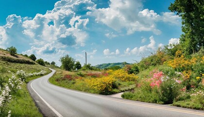 A Quiet and beautiful countryside roads with bright skies and diverse roadside plants generative ai art