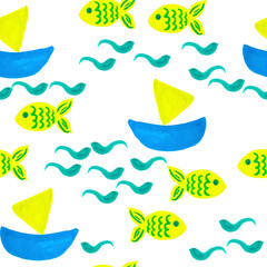 Ship and Fish Pattern seamless watercolor pattern children's boat yellow fish and waves on a white background