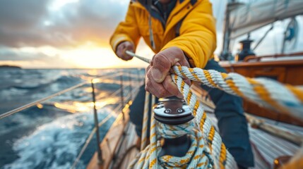 Closeup up of Yachtsman hands dealing with yacht ropes.