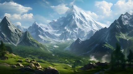 A breathtaking view of a giant mountain towering over the landscape, its rugged slopes blanketed in...