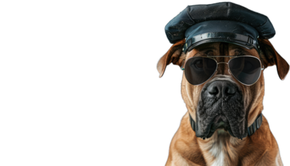 A funny and cool dog working as a security officer, wear hat and sunglasses.